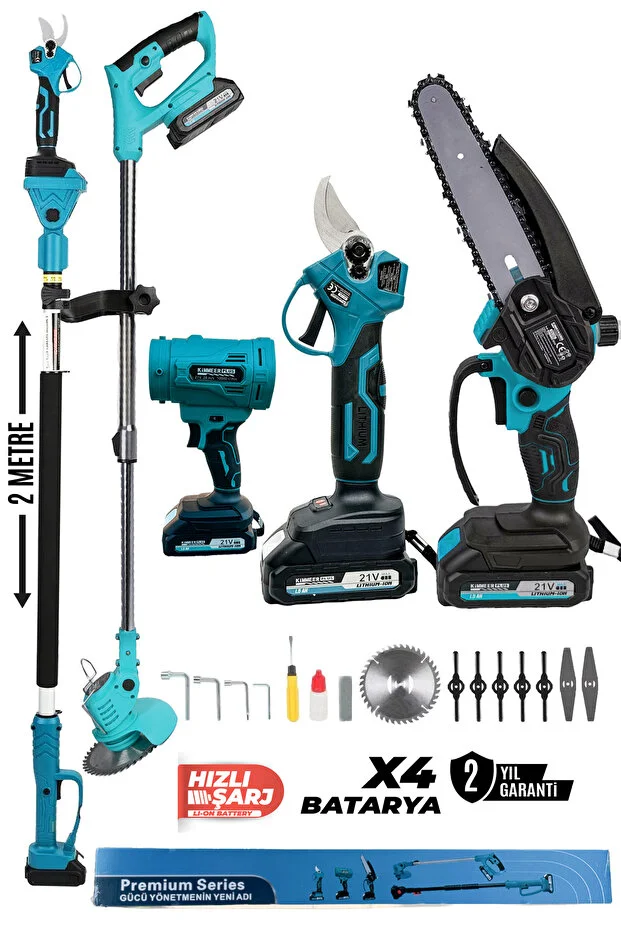 Profesyonel 5'Li Set Şarjlı Makas Testere Yaprak Üfleme ve Çim Biçme Teleskopik Kollu